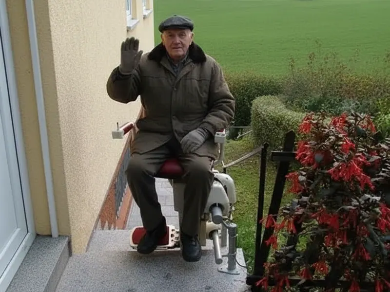 Older man riding an outdoor stairlift beside a garden, waving at the camera