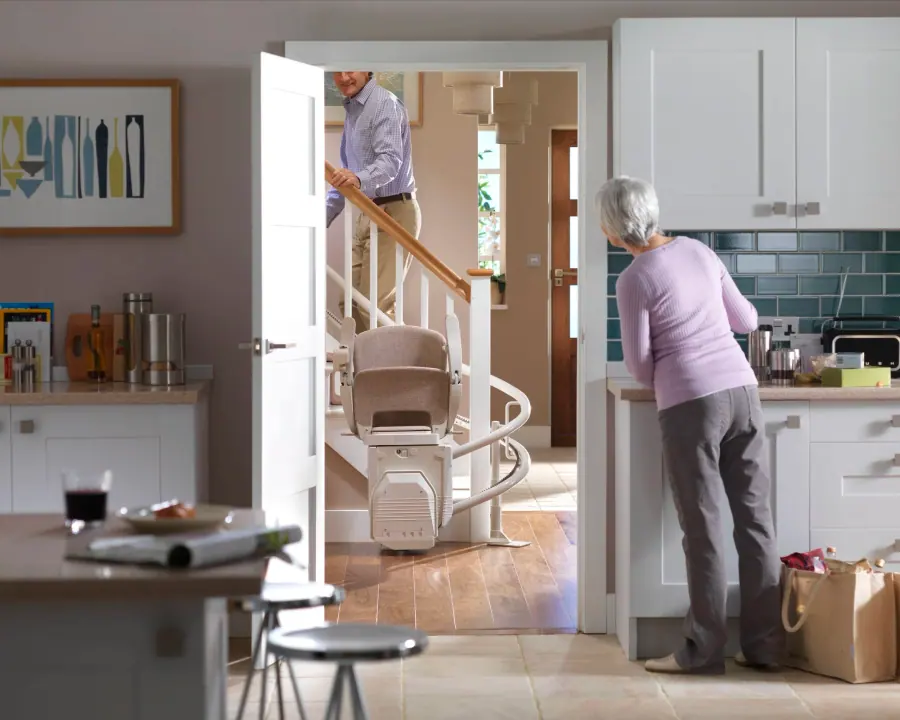 Straight stairlift installed on a bright indoor staircase, ready to use